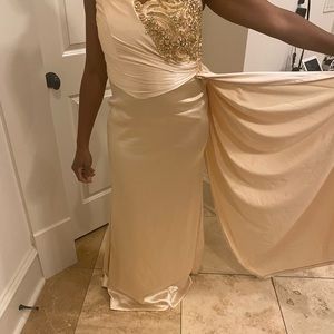 Champagne colored evening gown with bedazzled top